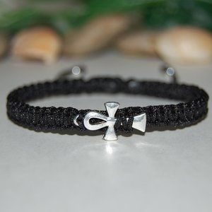 Ankh Cross Bracelet,Black String Bracelet,Silver Ankh Cross Bracelet,Ankh